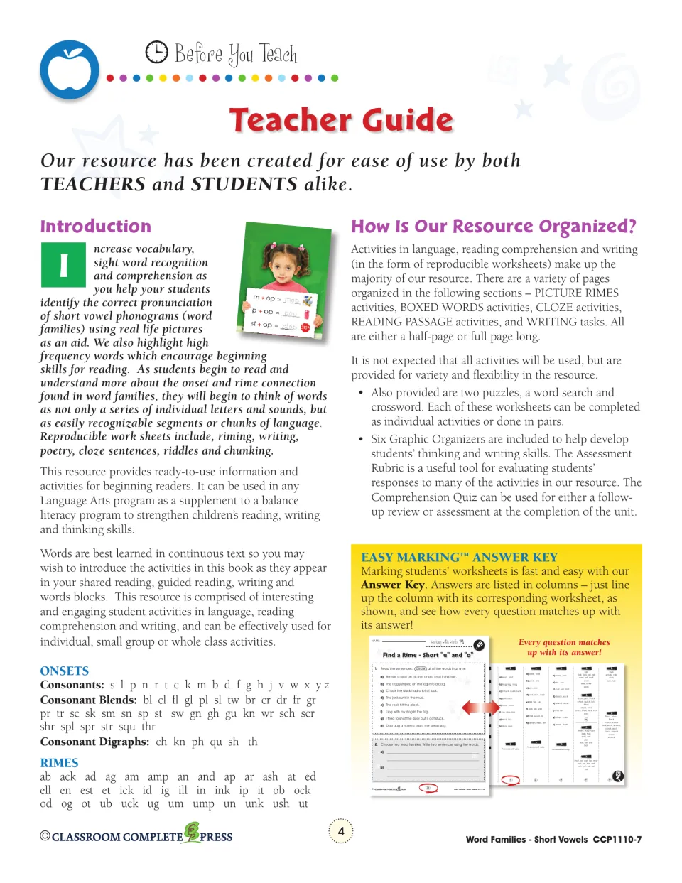 Teacher guide explains word-family instruction, resource organization, onsets, rimes, and answer-key use