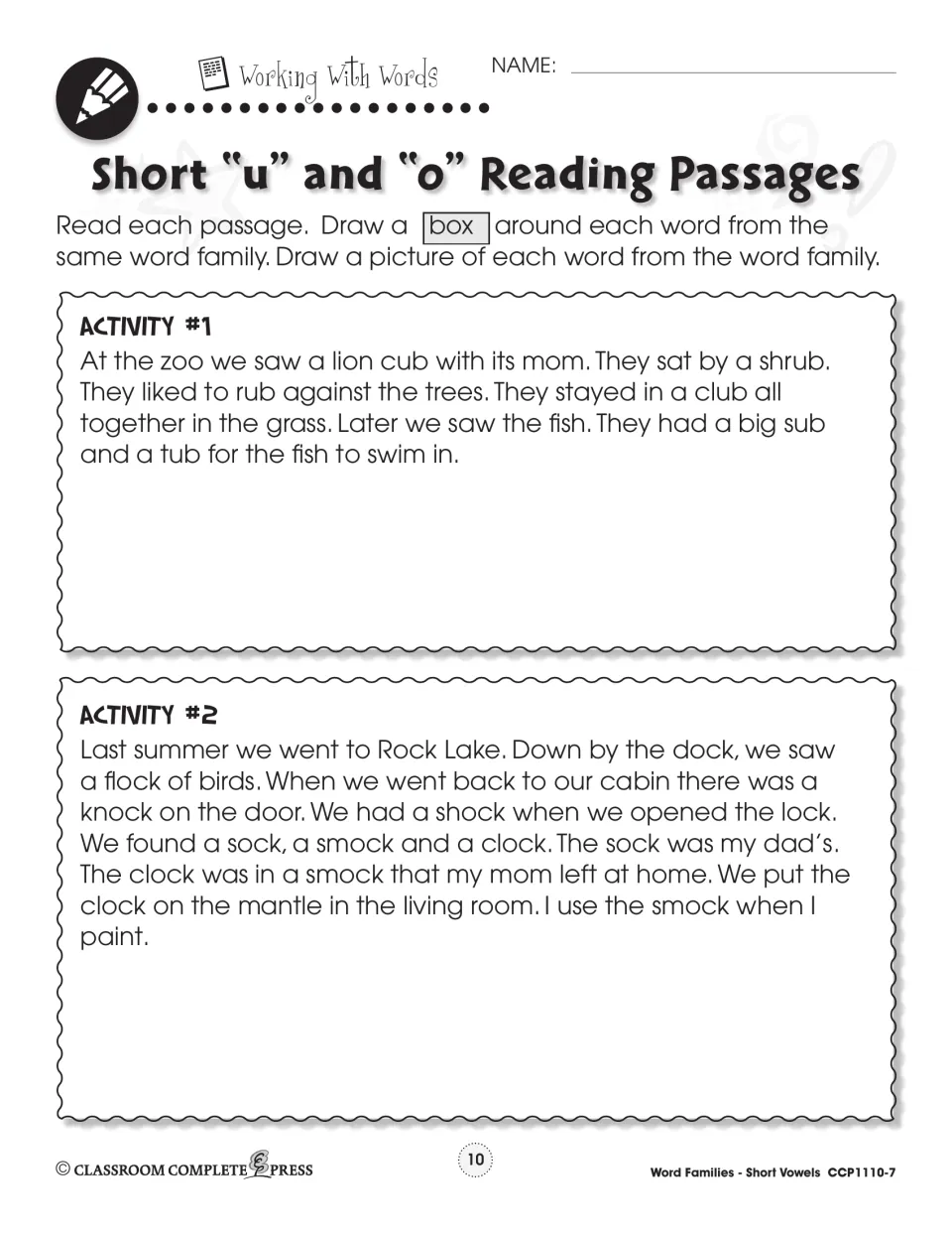 Two short u and o passages feature a zoo and Rock Lake; students mark and illustrate word-family words