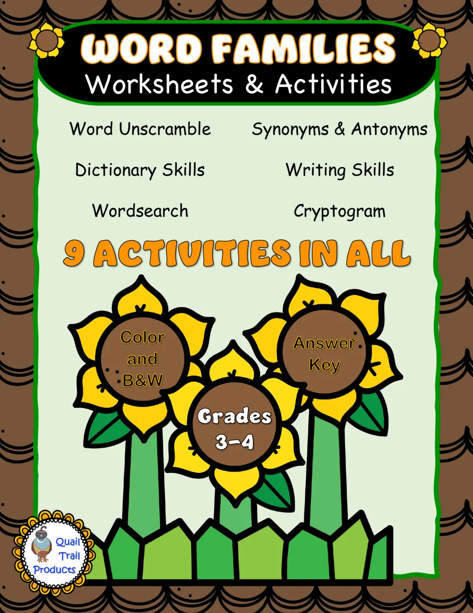 Word family packet cover lists nine activities for grades 3–4, color and black-and-white versions, and an answer key