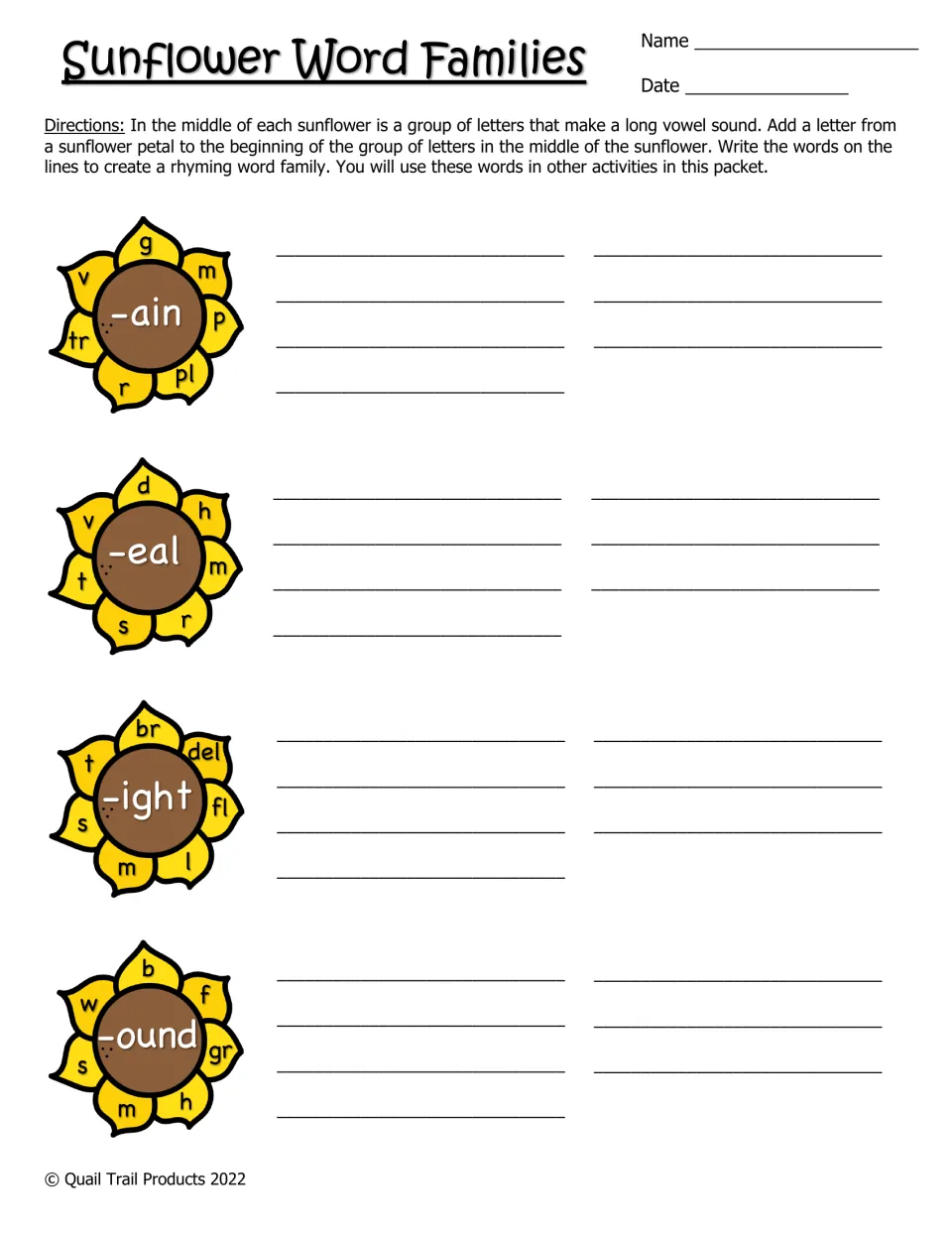 Word family building activity asks students to add beginnings to -ain, -eal, -ight, and -ound to make rhyming words