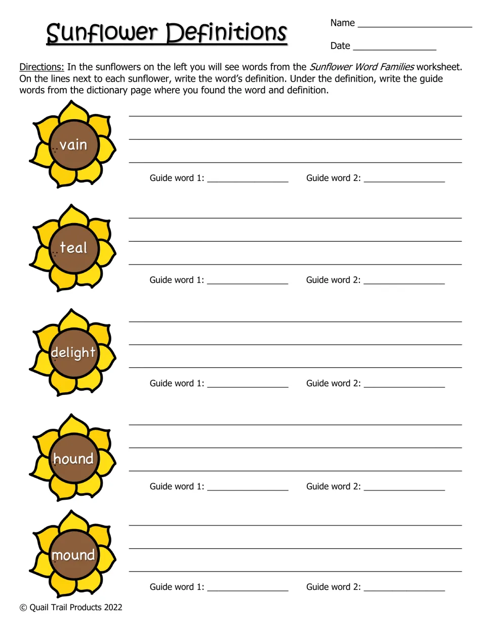 Dictionary activity asks students to find definitions and guide words for vain, teal, delight, hound, and mound