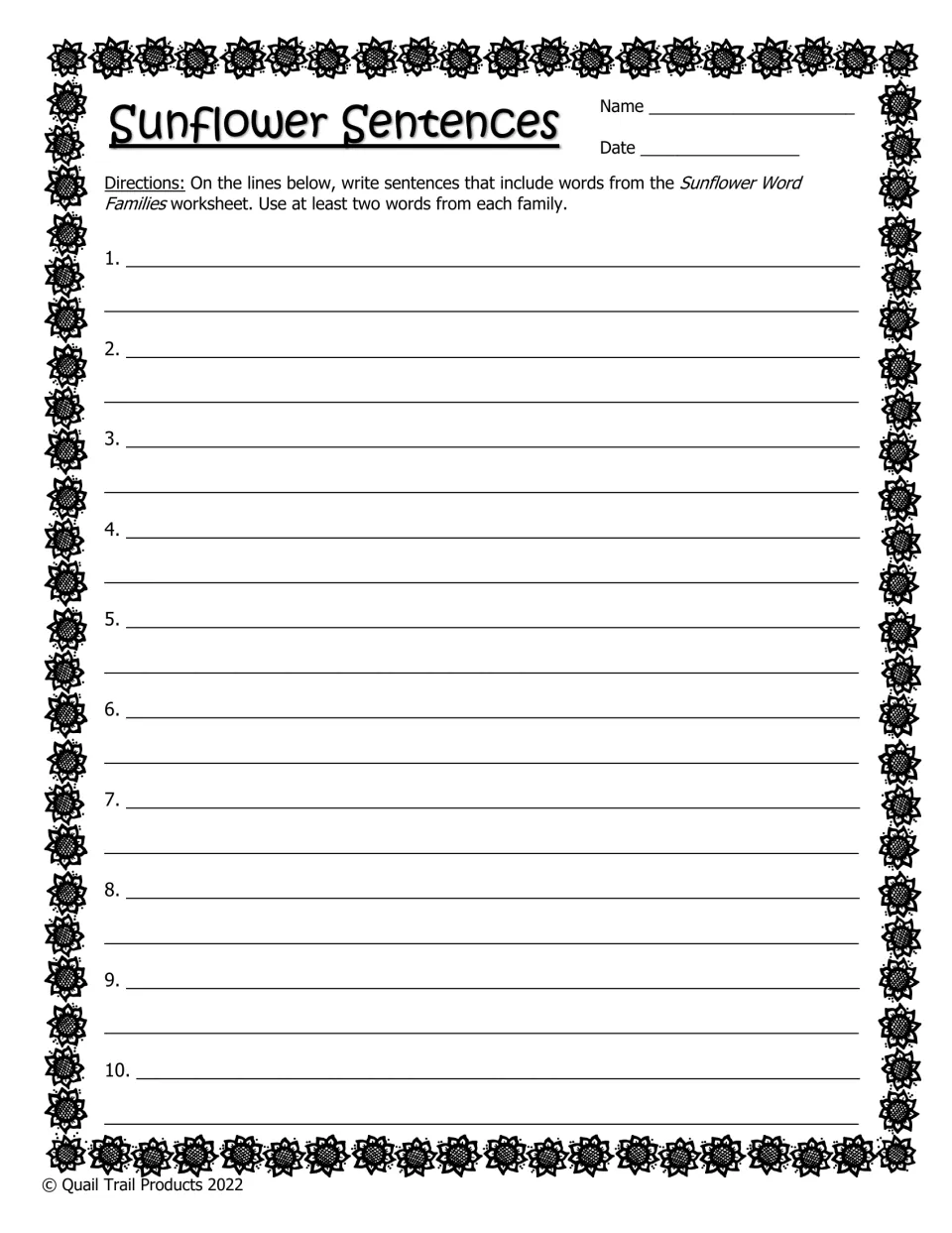 Sentence writing activity provides ten numbered prompts and asks students to use at least two words from each family