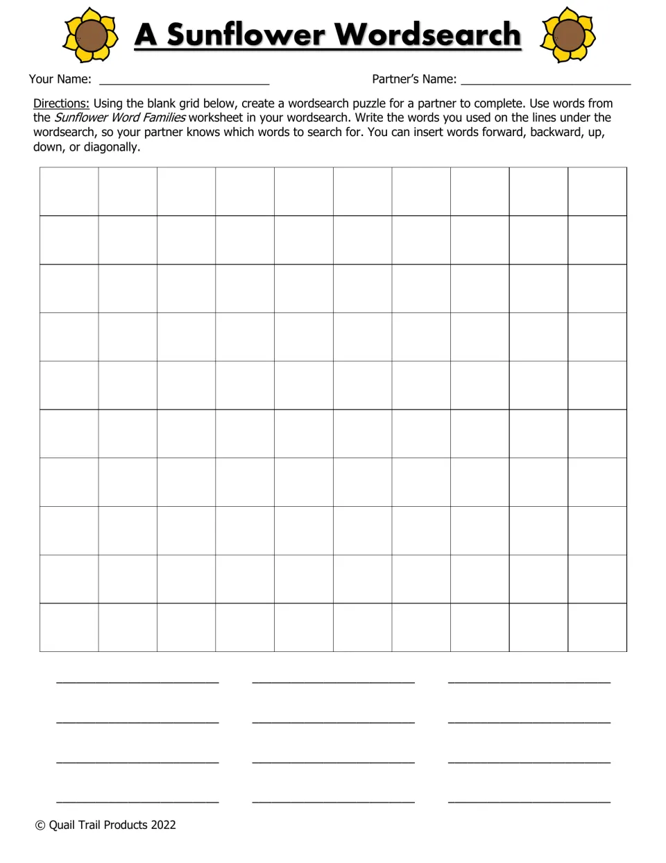 Word search creation activity asks students to use word family vocabulary to make a puzzle for a partner to solve