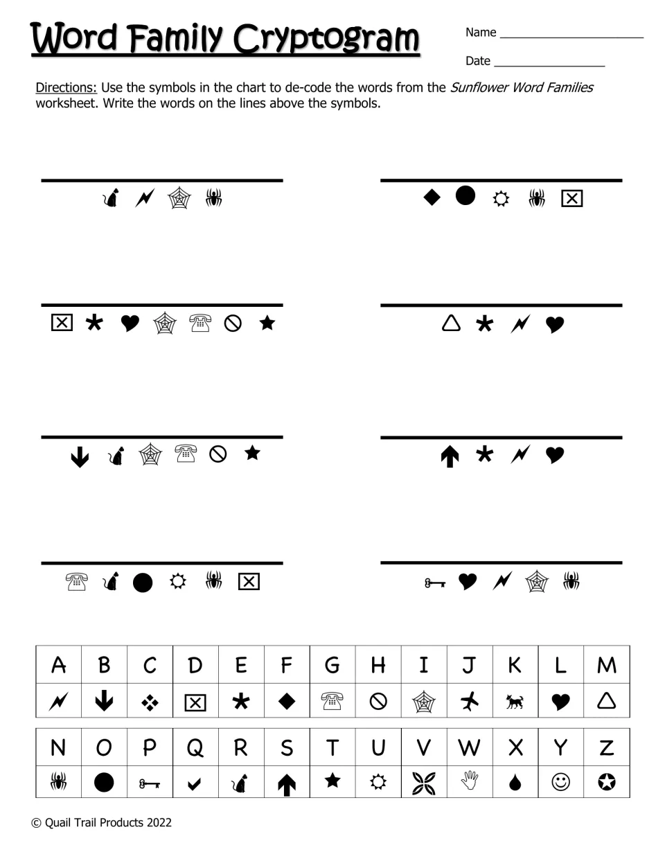 Word family cryptogram presents eight encoded words for students to decode using an alphabet-to-symbol chart