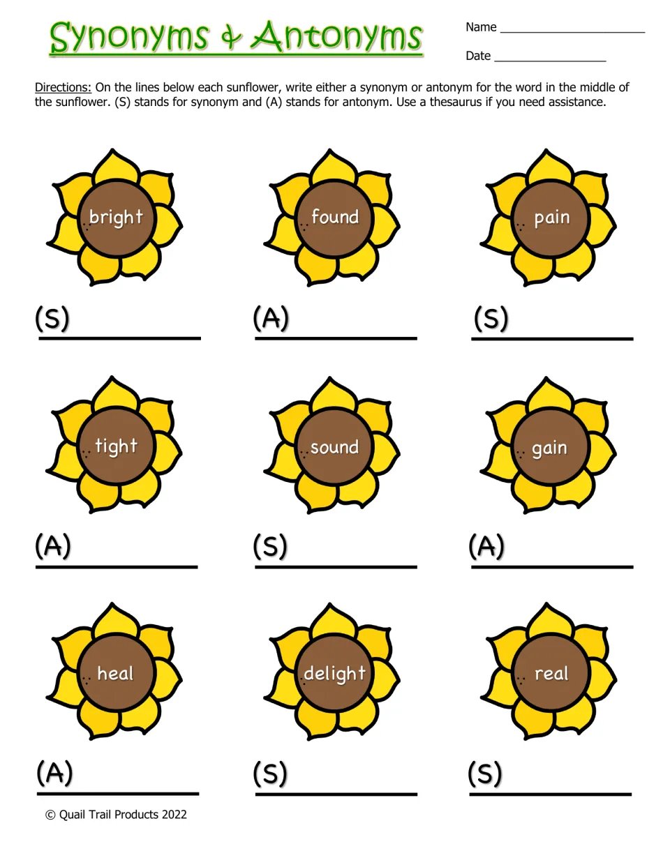 Synonym and antonym activity asks for related or opposite words for bright, found, pain, tight, and five more