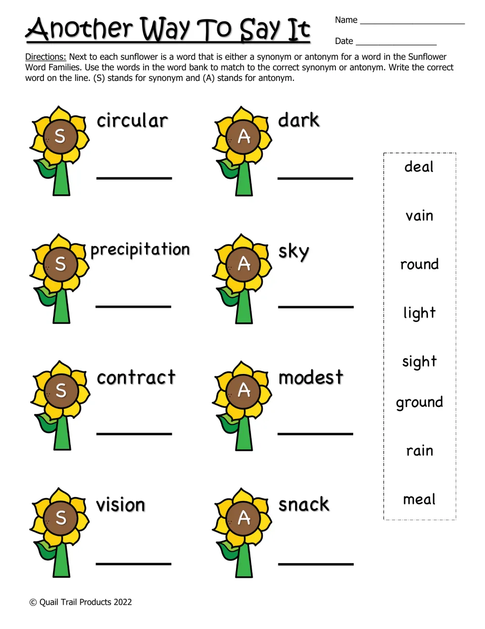 Synonym and antonym matching activity uses a word bank to answer eight clues, including circular, dark, and vision