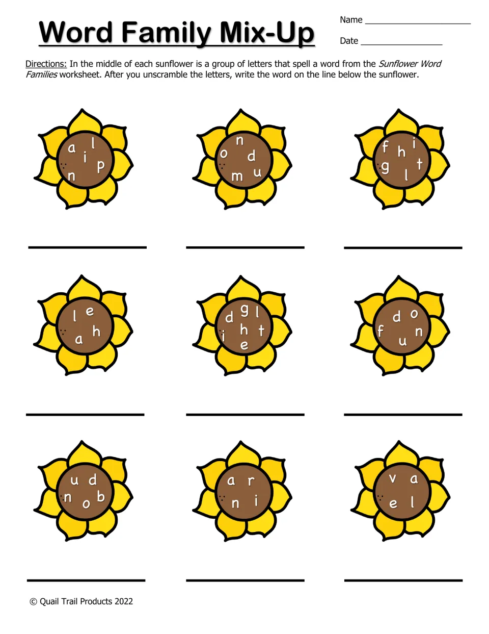 Word family unscrambling activity presents nine mixed-up words drawn from the starting word family worksheet