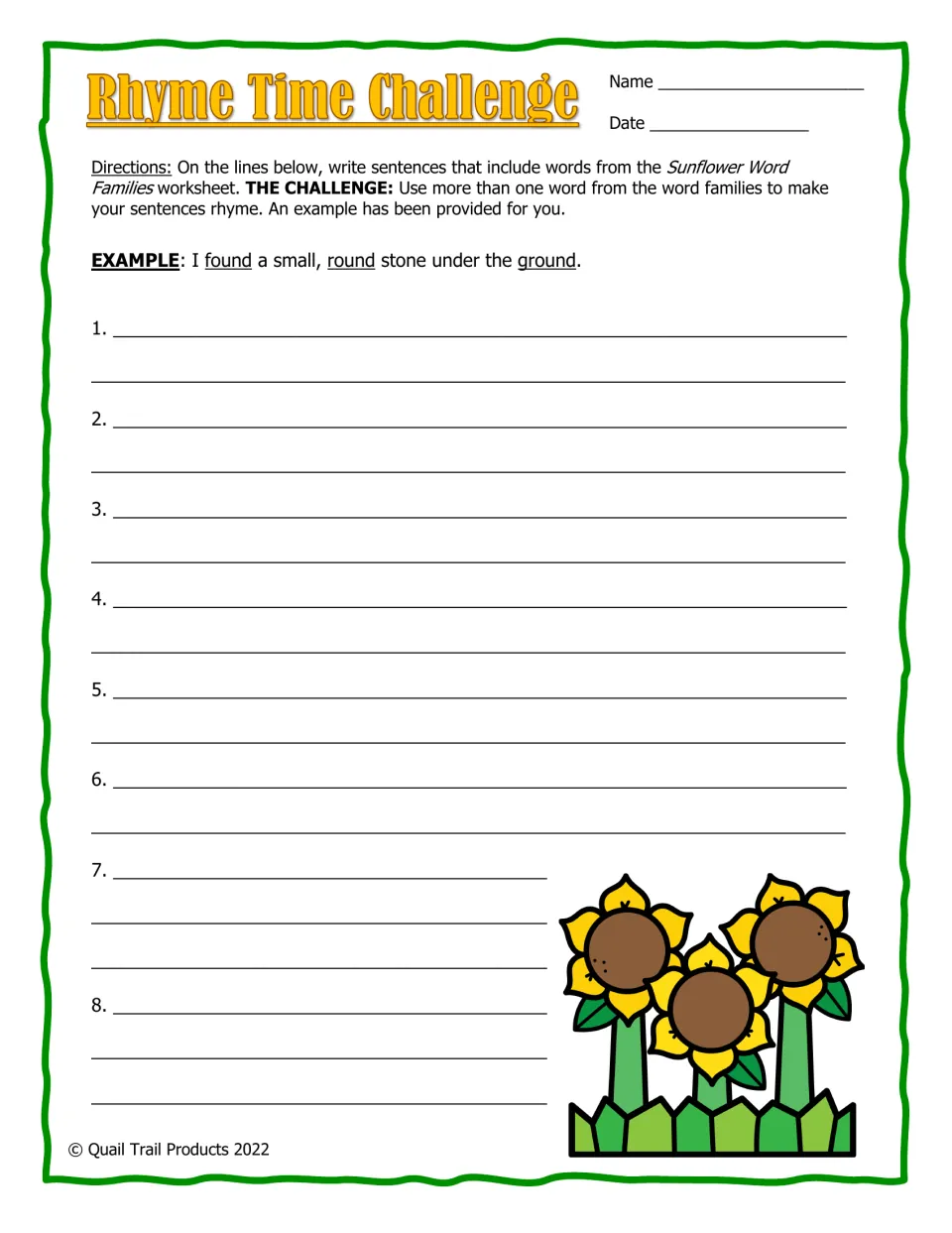 Rhyming sentence challenge offers eight writing prompts and an example sentence using found, round, and ground