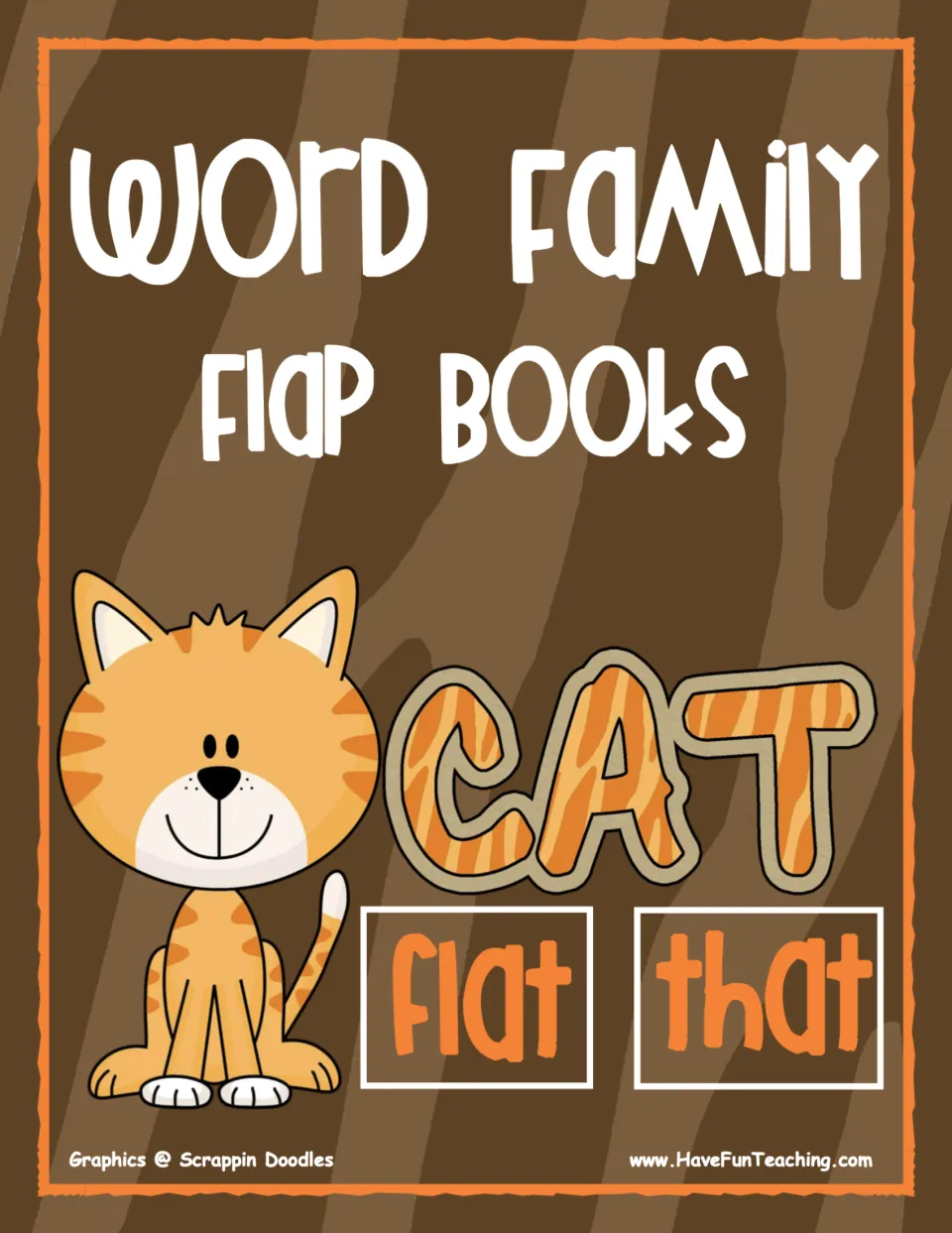 Word family flap books cover showing a cartoon cat beside the word CAT and the -at words flat and that