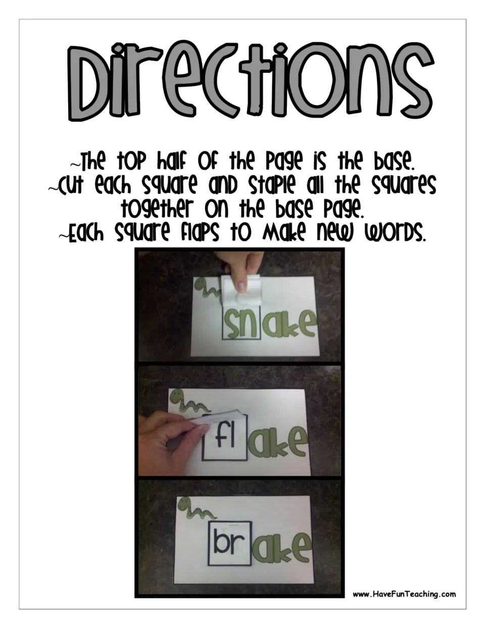 Directions: cut the onset squares, staple them on the base page and flip each flap to turn snake into flake and brake