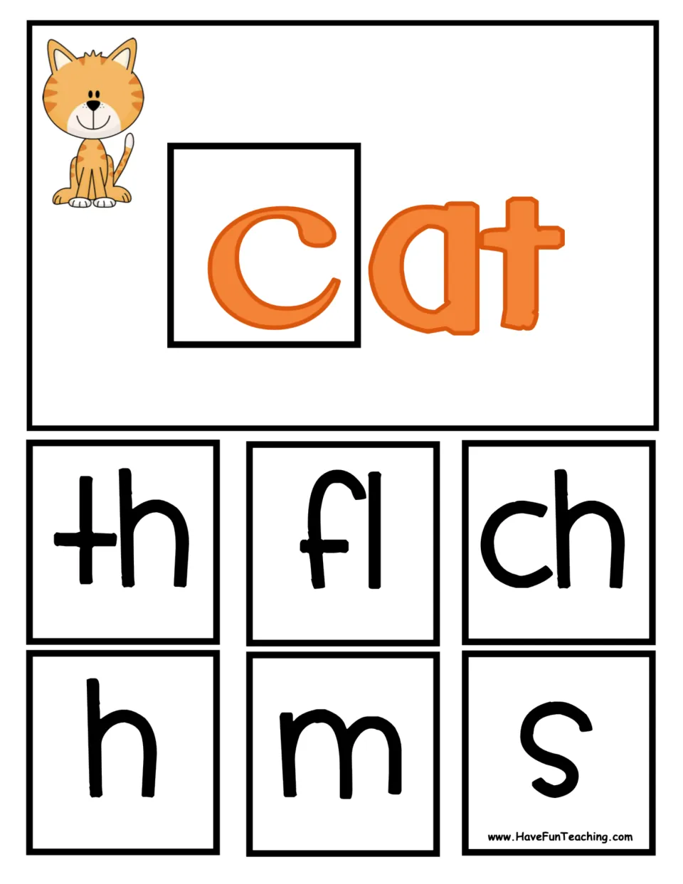 The -at family base with a cat picture plus onset squares th, fl, ch, h, m and s that students flip to build new words