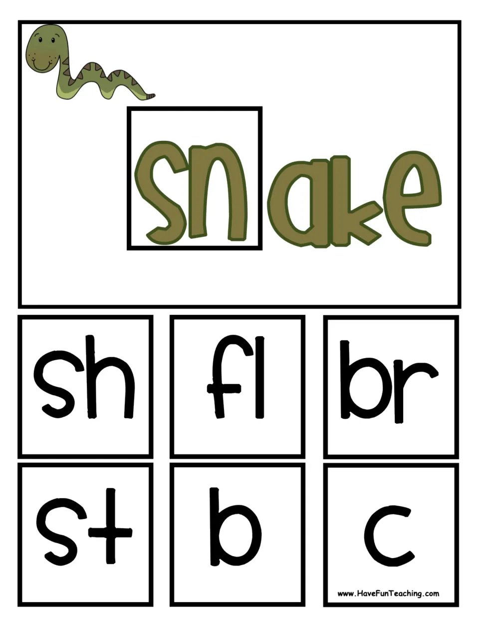 Snake base for the -ake family with onset squares sh, fl, br, st, b and c to staple over sn and read words like shake