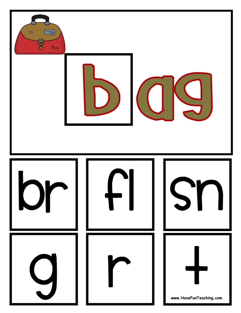 Bag base for the -ag family with onset squares br, fl, sn, g, r and t that flip over b so students read brag, flag, tag