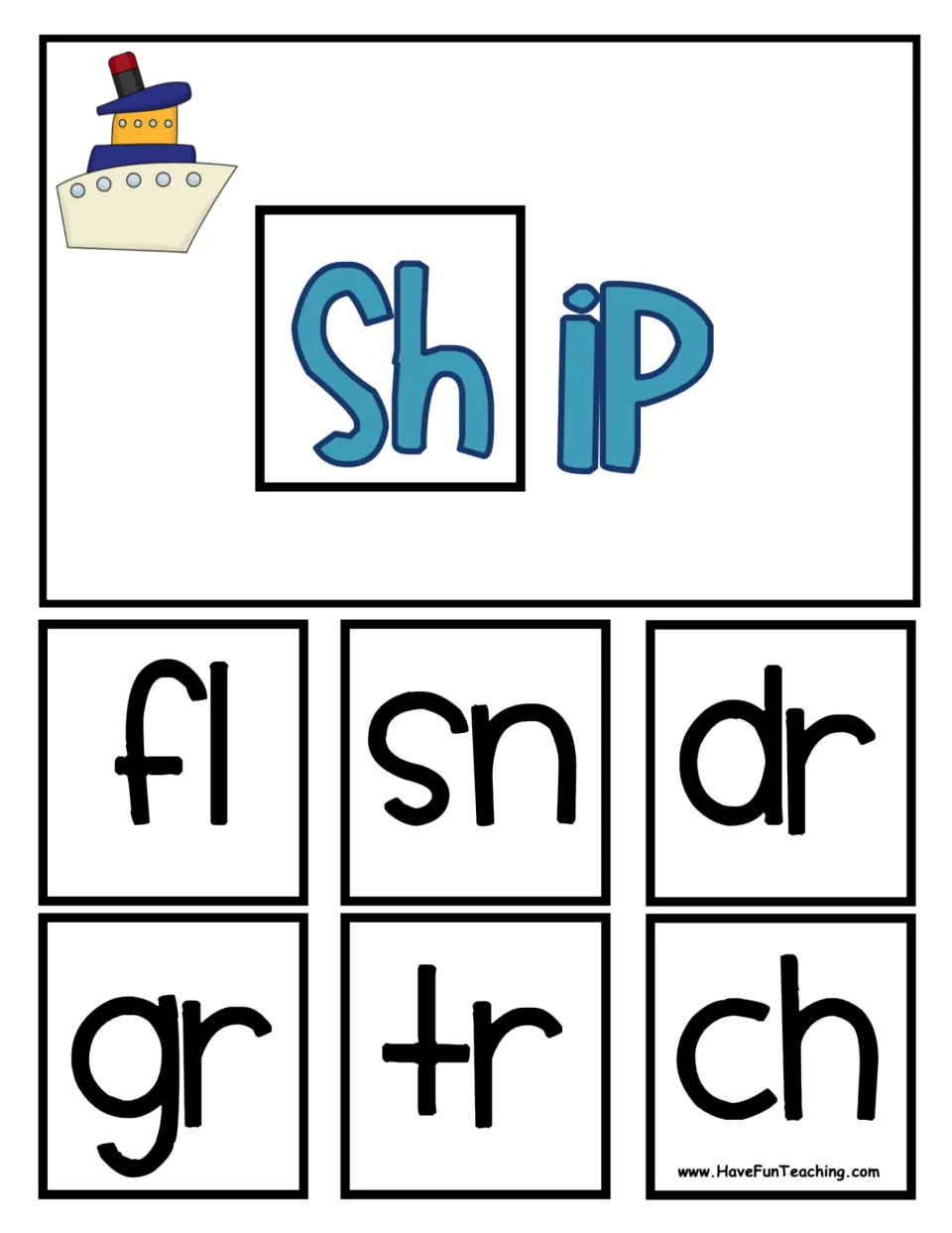 Ship base for the -ip family with onset squares fl, sn, dr, gr, tr and ch to cover sh as students blend flip, drip, chip