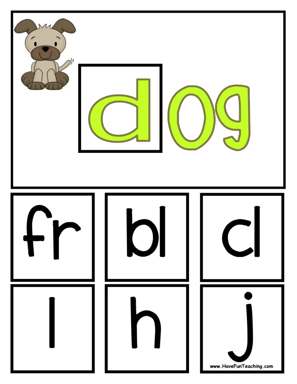 Dog base for the -og family with onset squares fr, bl, cl, l, h and j that replace d to form frog, blog, clog, log, hog