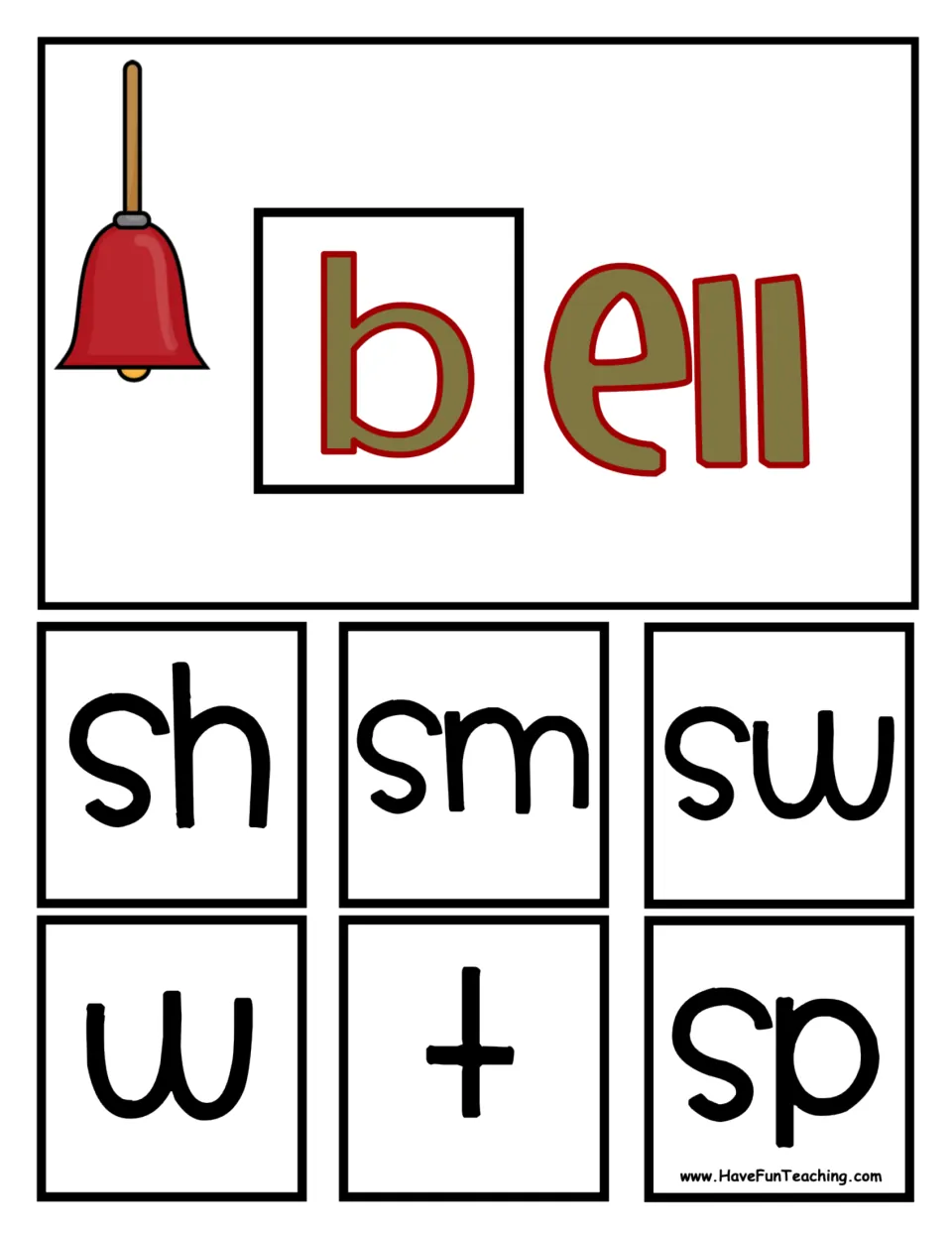 Bell base for the -ell family with onset squares sh, sm, sw, w, t and sp to flap over b and read shell, smell, well