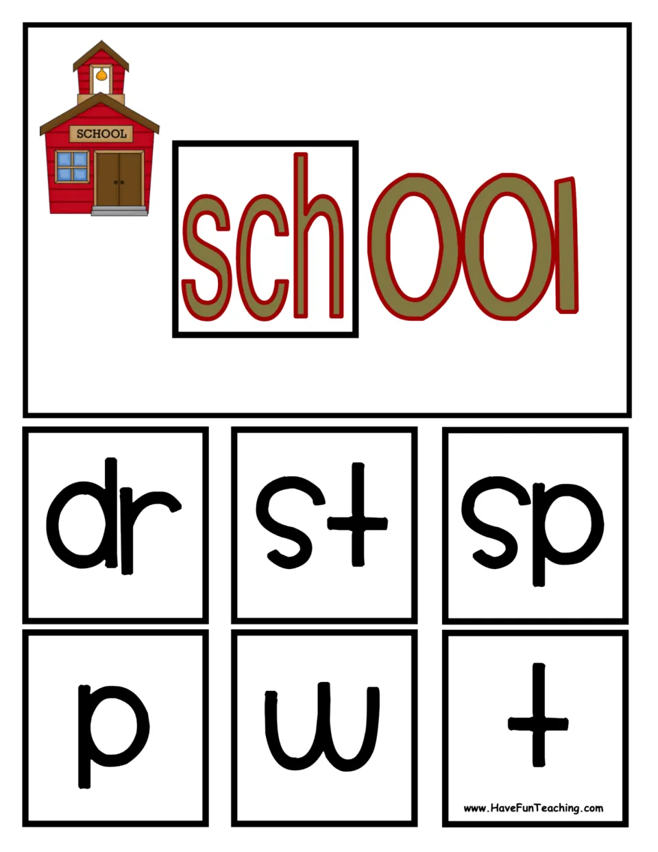 School base for the -ool family with onset squares dr, st, sp, p, w and t that cover sch to make drool, stool, pool, tool
