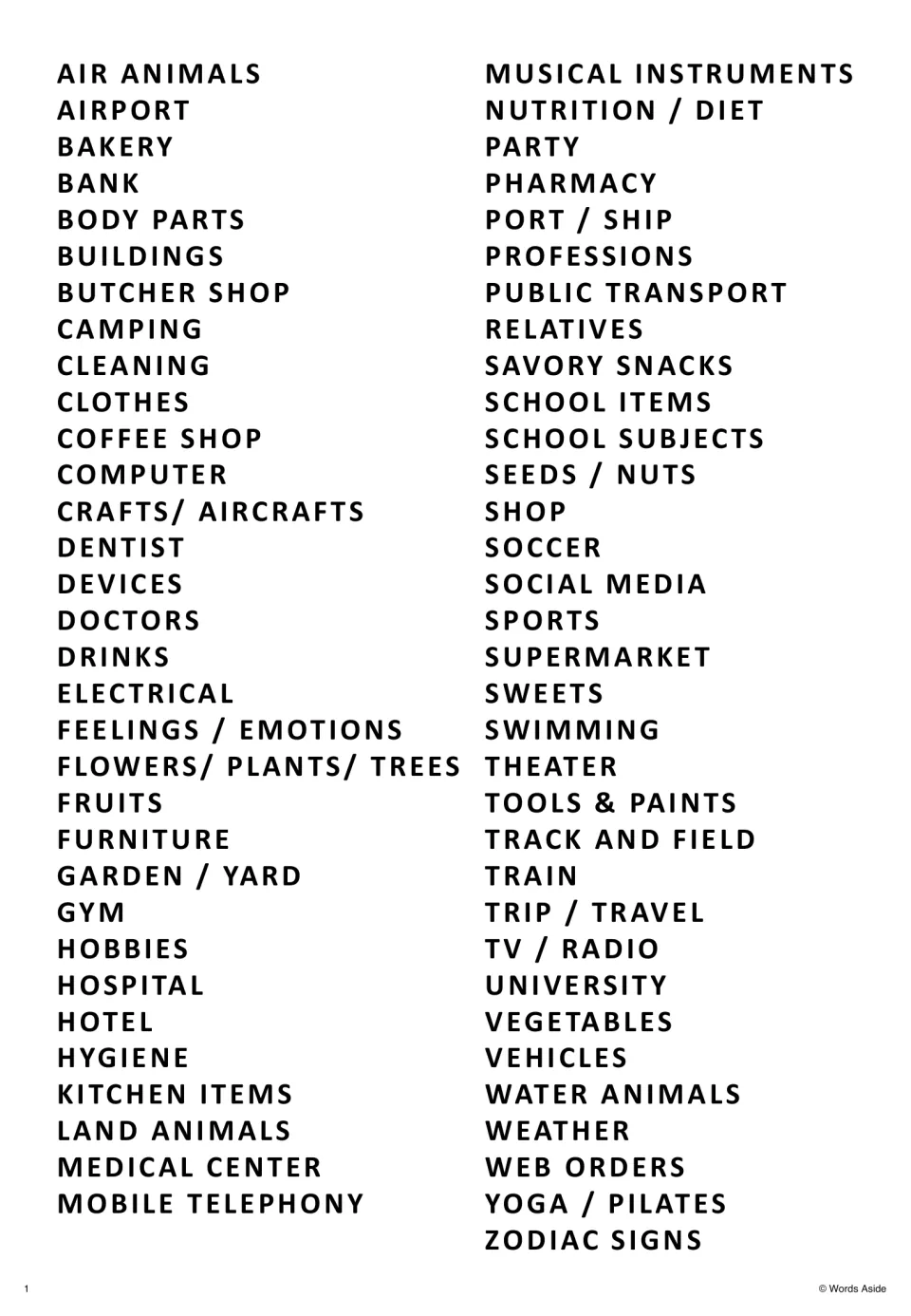 Theme list for the anagram worksheets: 65 topics, including air animals, airport, bakery, and body parts