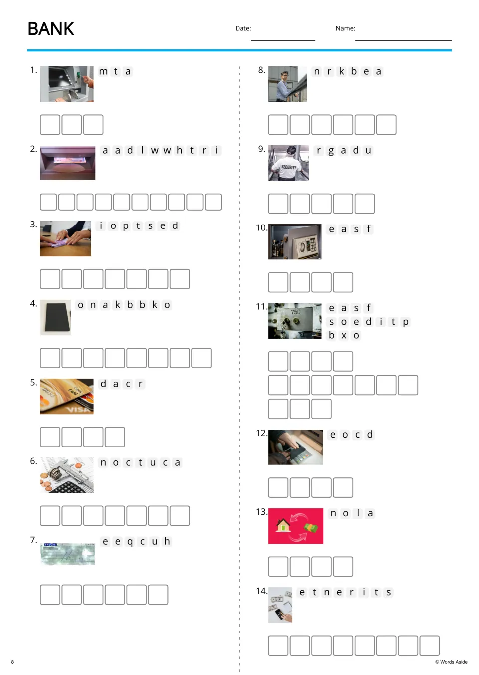 Bank anagram worksheet: 14 photo clues and scrambled terms, including ATM, withdrawal, deposit, and loan