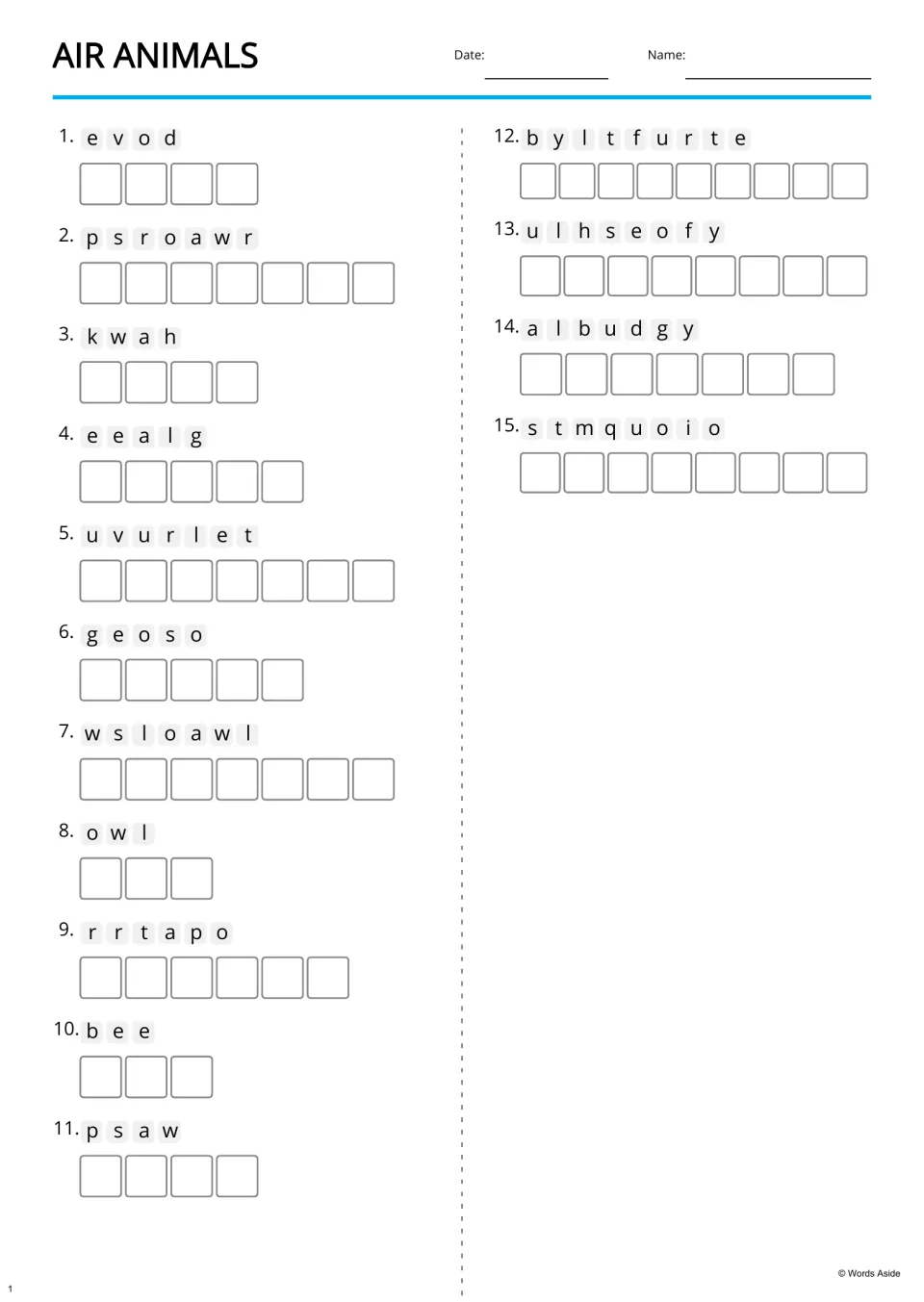 Air Animals anagram practice: 15 scrambled bird and insect names, including dove, sparrow, hawk, and eagle