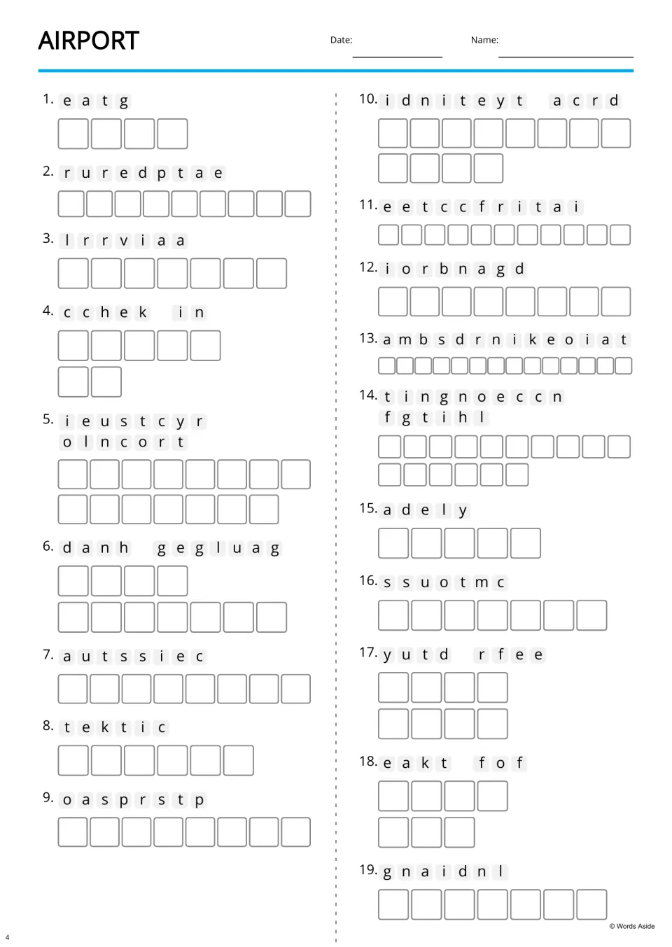 Airport anagram practice: 19 scrambled travel terms, including gate, departure, arrival, and hand luggage