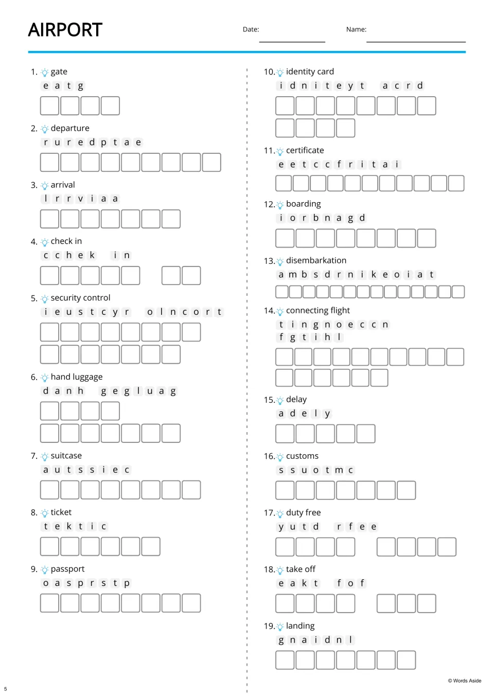 Airport supported anagram practice: 19 target terms and scrambles, including passport, boarding, and delay