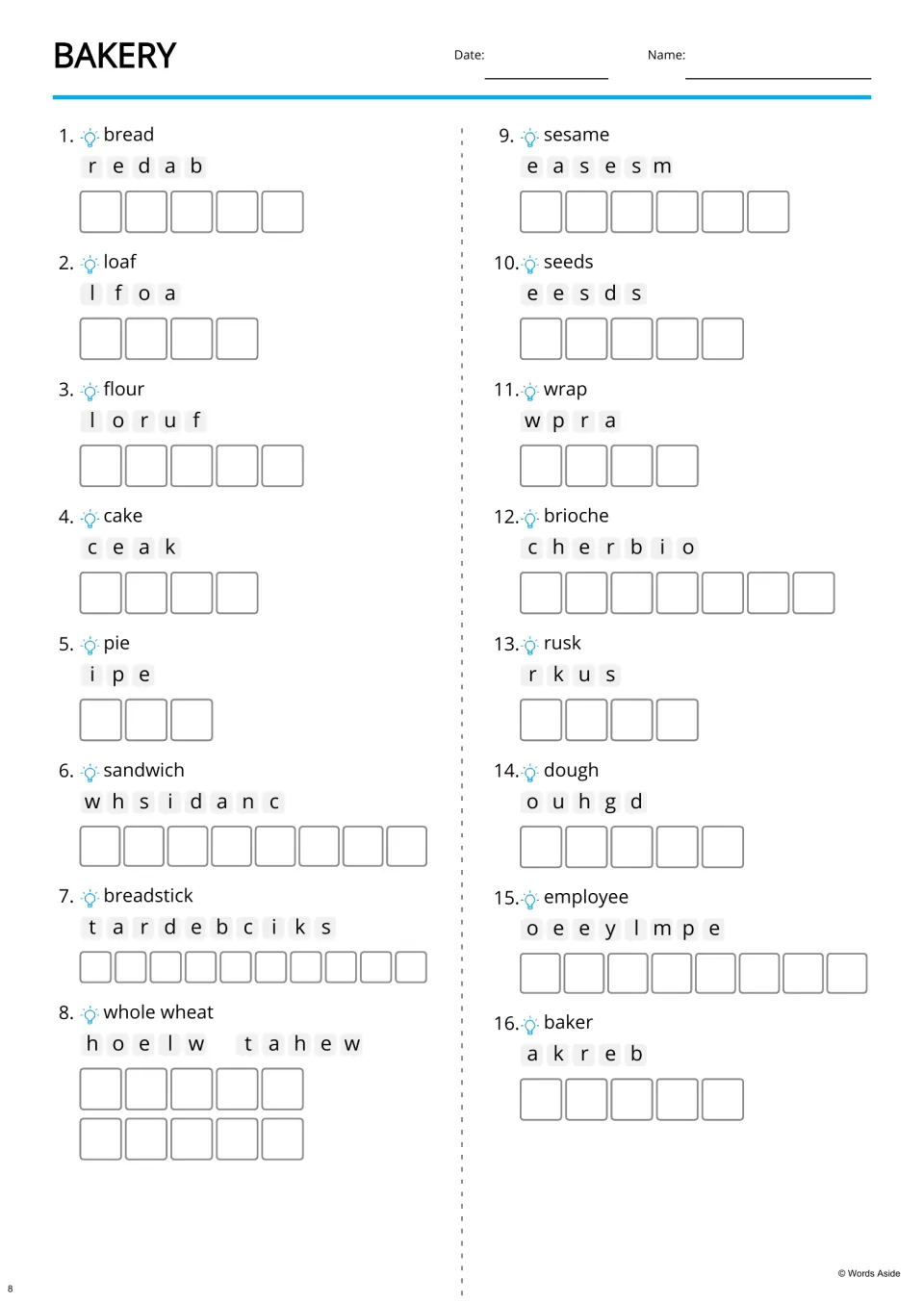Bakery supported anagram practice: 16 target terms and scrambles, including loaf, breadstick, and dough