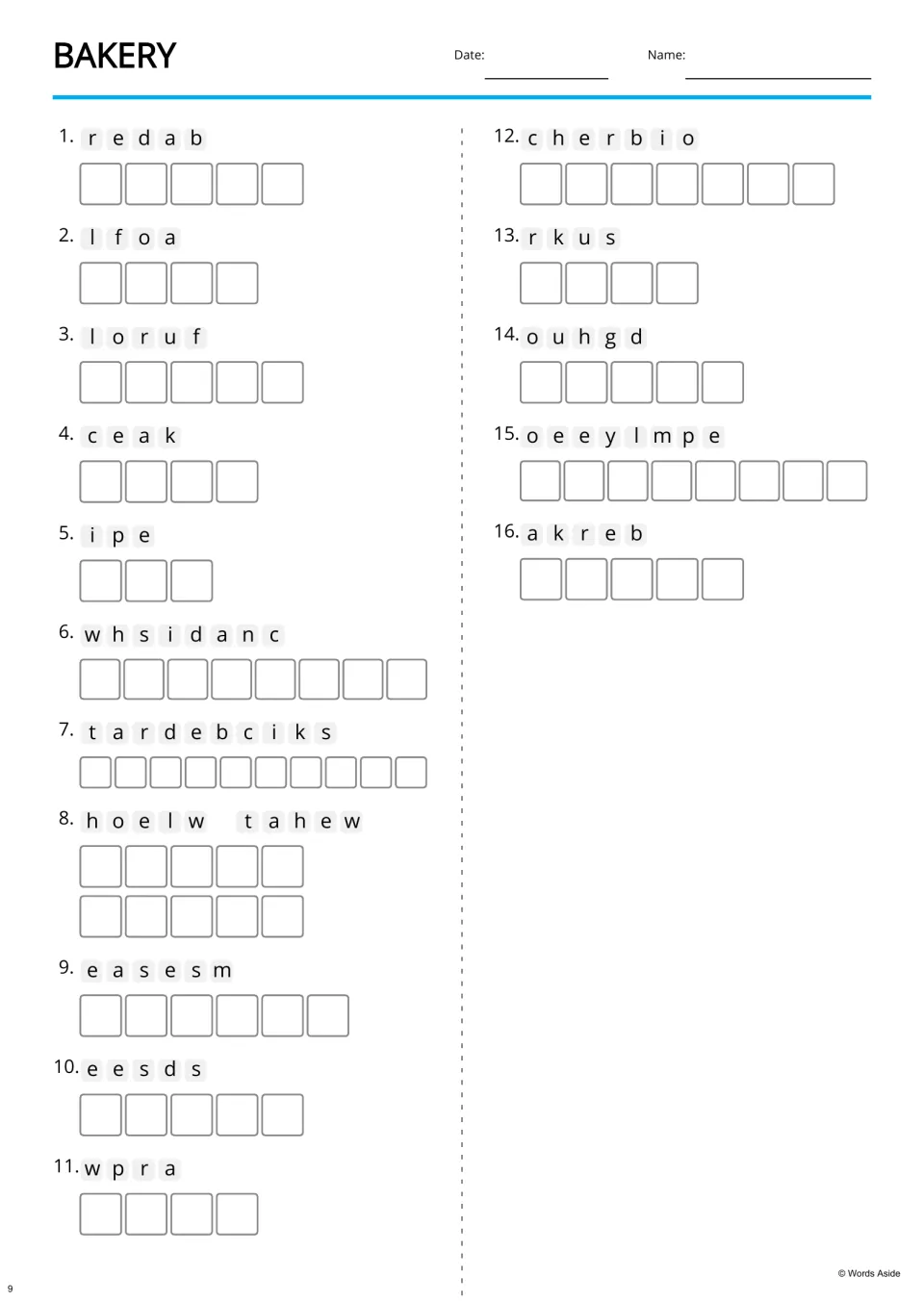 Bakery anagram practice: 16 scrambled food and workplace terms, including cake, sesame, employee, and baker
