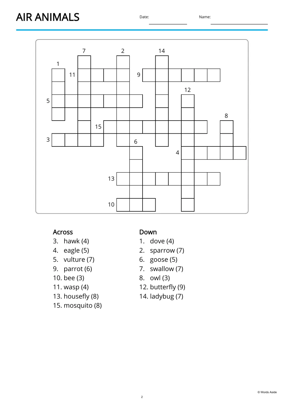Air animals copy crossword with 15 listed words to enter, including sparrow, butterfly, and mosquito