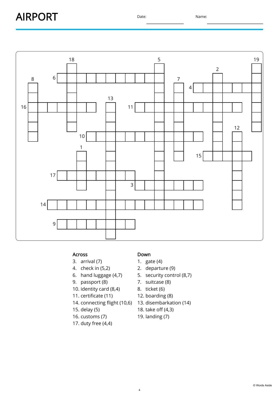 Airport copy crossword with 19 listed entries to enter, including hand luggage, customs, and boarding