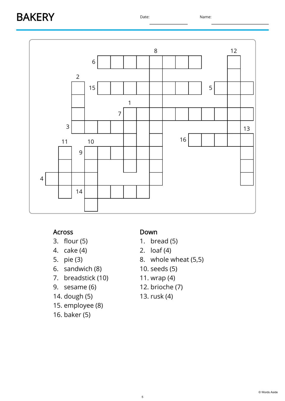 Bakery copy crossword with 16 listed entries to enter, including flour, breadstick, dough, and whole wheat