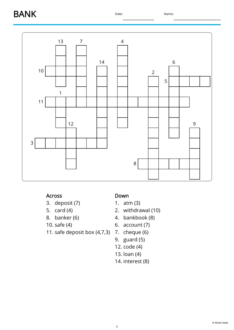 Bank copy crossword with 14 listed entries to enter, including account, interest, and safe deposit box