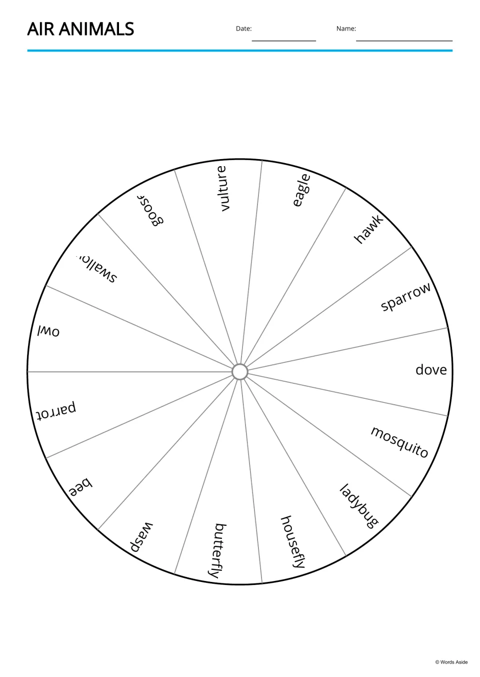 Air animals word wheel: the 15 names, vulture, eagle, hawk, sparrow, dove, mosquito and others, printed around a circle