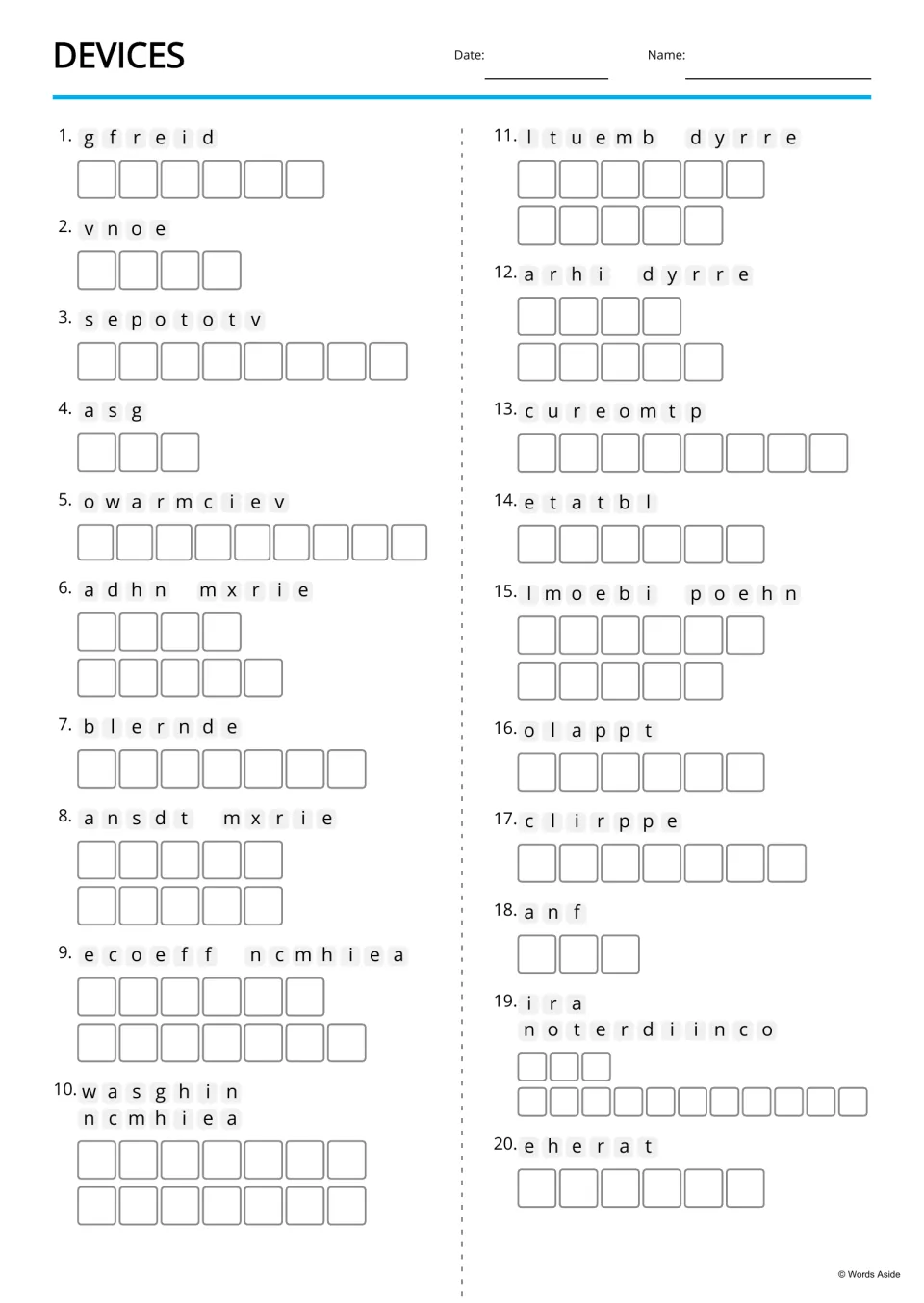 Devices anagrams: students unscramble 20 appliance names such as fridge, blender, hair dryer and coffee machine