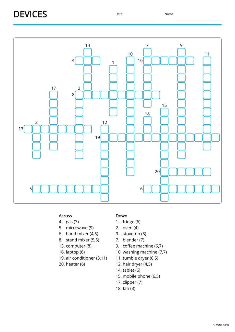 Devices crossword: students fill in 20 appliance words from Across and Down clues listing each word and its letter count