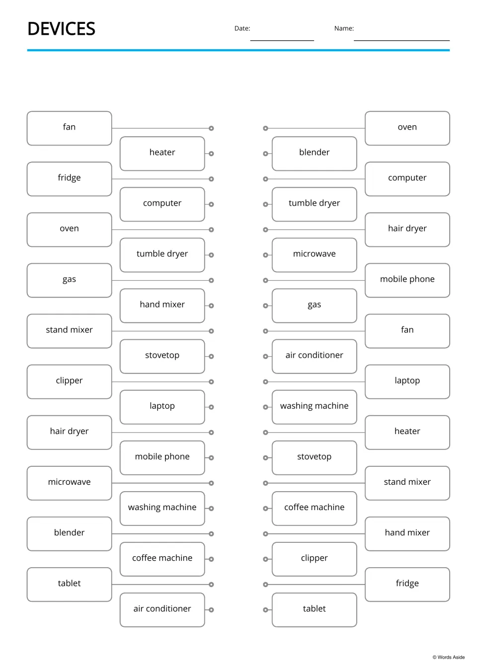 Devices word matching: students connect each appliance name to the same word, such as fan to fan and oven to oven