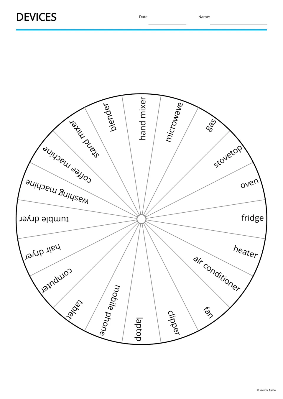 Devices word wheel: 20 appliance names, including microwave, stovetop, fridge and laptop, arranged around one circle