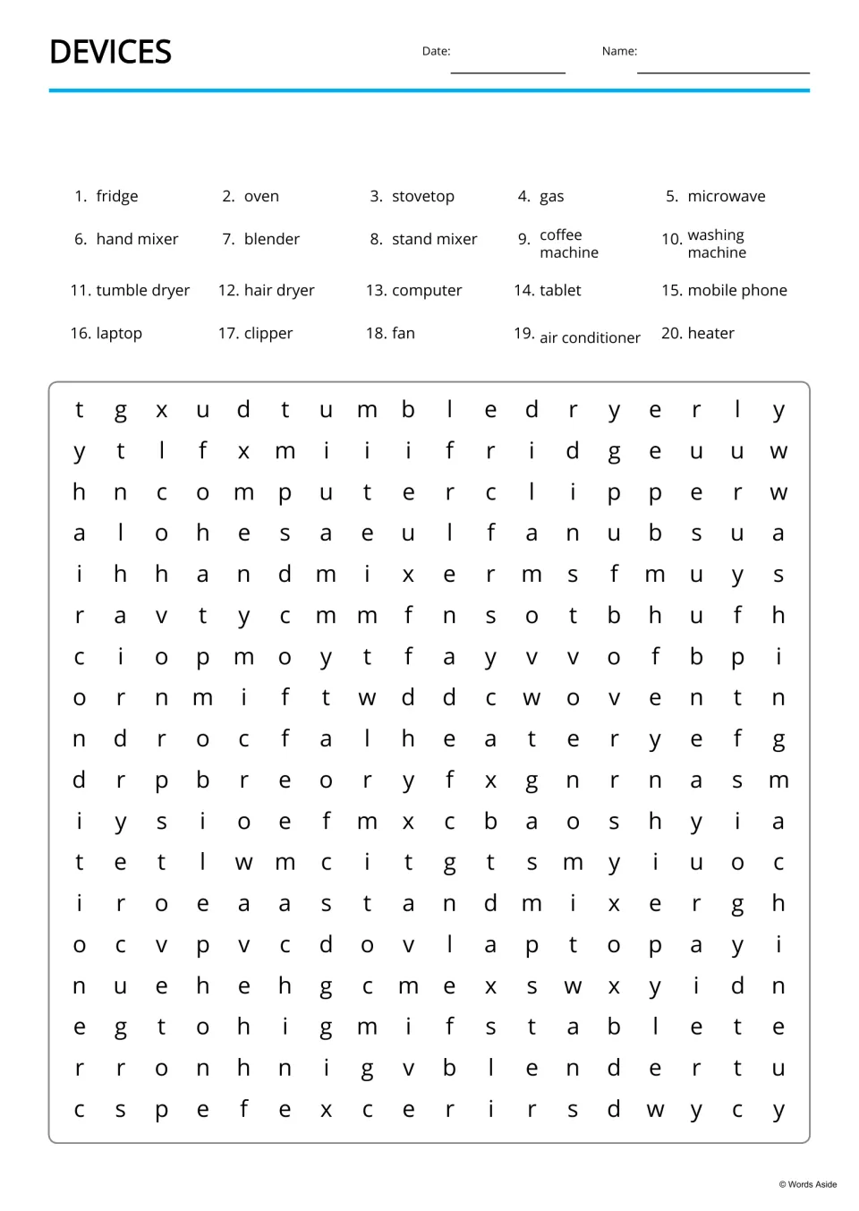 Devices word search: students find 20 listed appliance words, from fridge and oven to air conditioner and heater