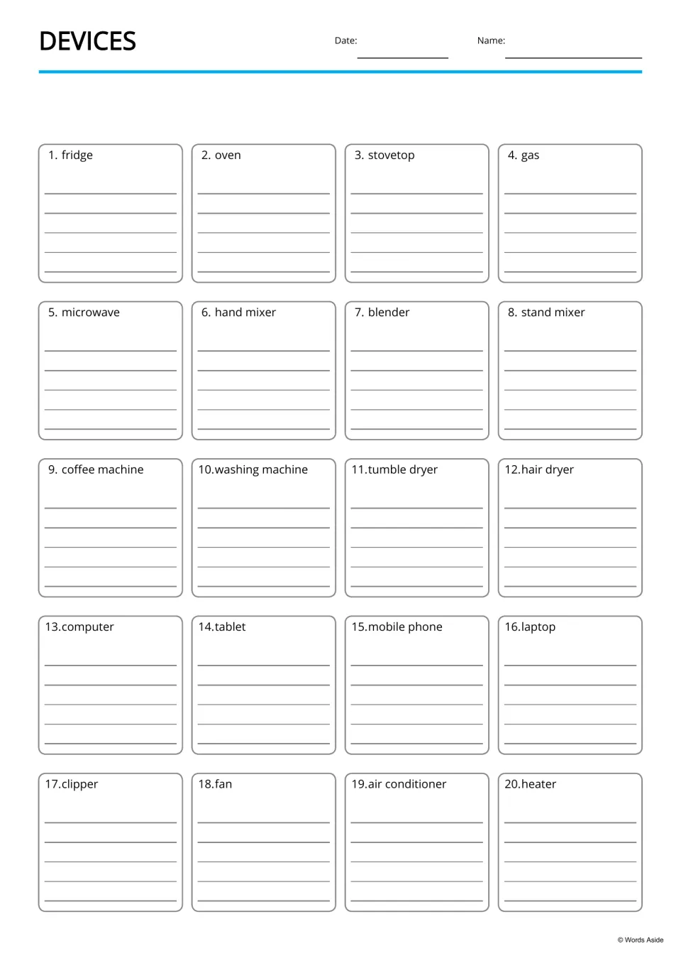 Devices writing page: students write about each of 20 appliances, such as coffee machine and tablet, under its name
