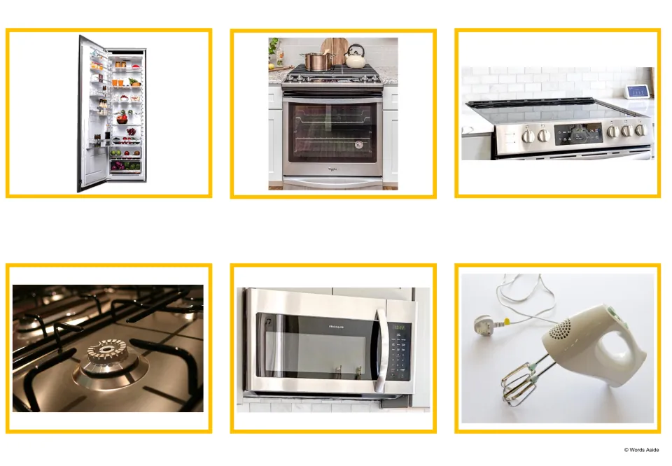 Kitchen appliance photo cards: an open fridge, an oven, a stovetop, a gas burner, a microwave and a hand mixer