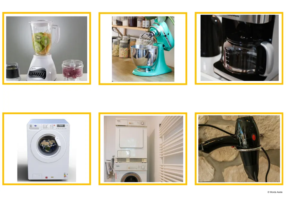 Appliance photo cards: a blender, a stand mixer, a coffee machine, a washing machine, a tumble dryer and a hair dryer