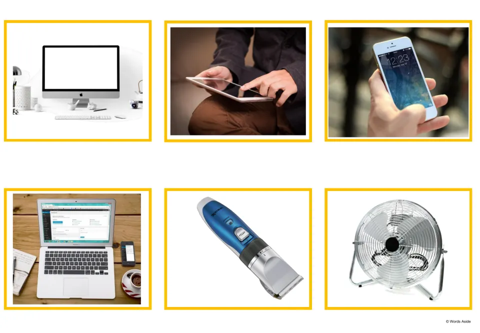 Device photo cards: a desktop computer, a tablet, a mobile phone, a laptop, a hair clipper and an electric fan