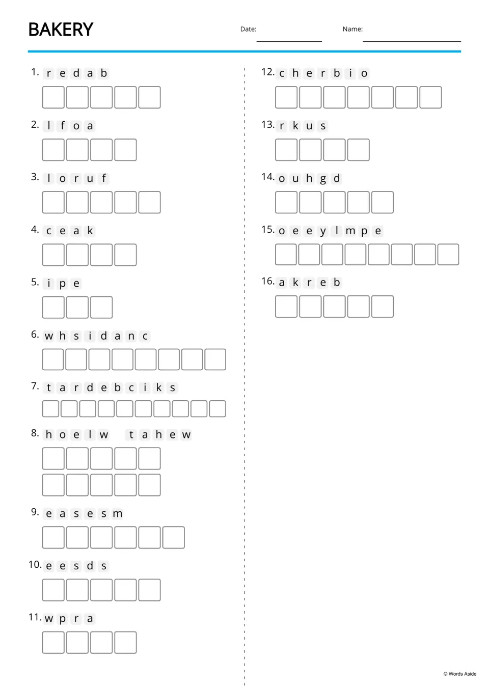 Bakery anagrams: students unscramble 16 jumbled words such as r e d a b (bread) and l f o a (loaf) to spell each word