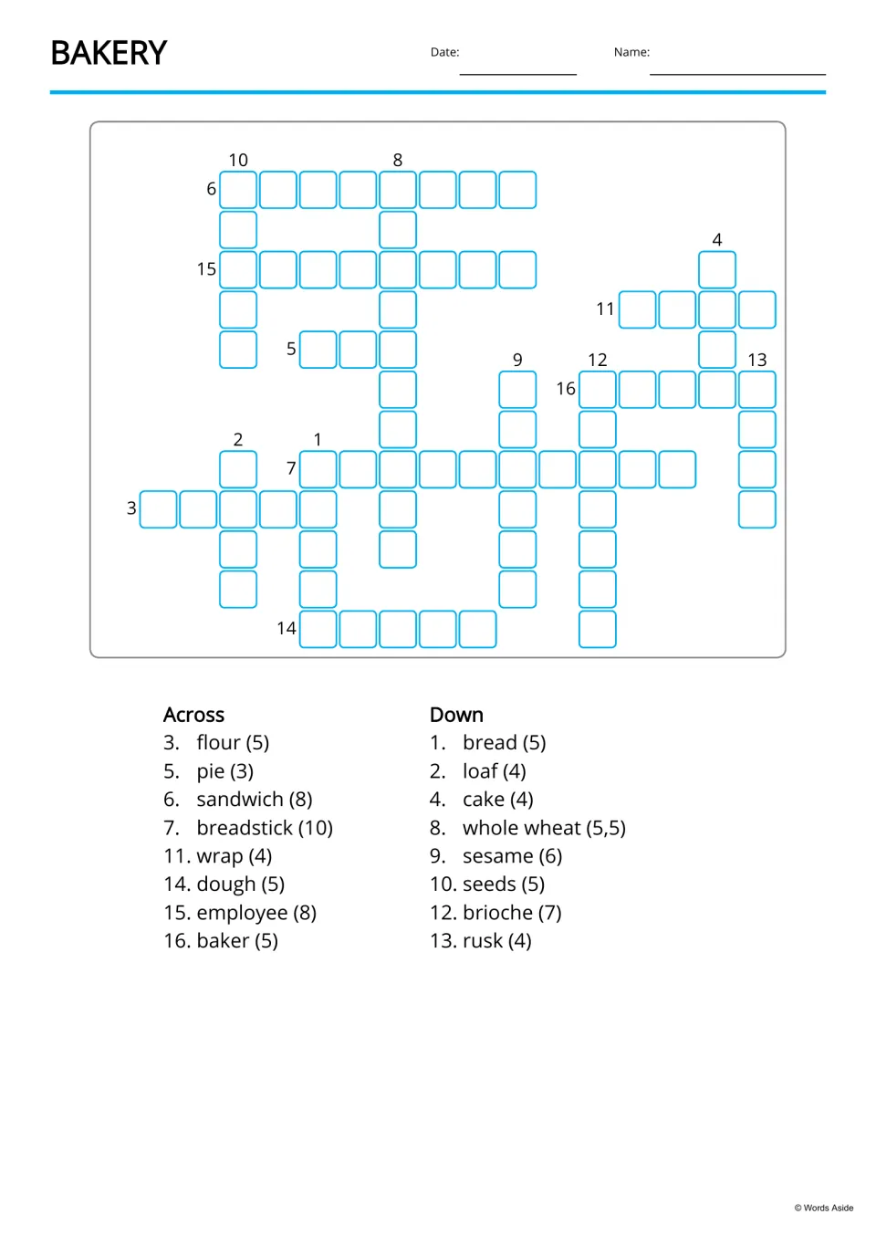 Bakery crossword: students fill in 16 words like flour, sandwich, brioche and baker from Across and Down word lists