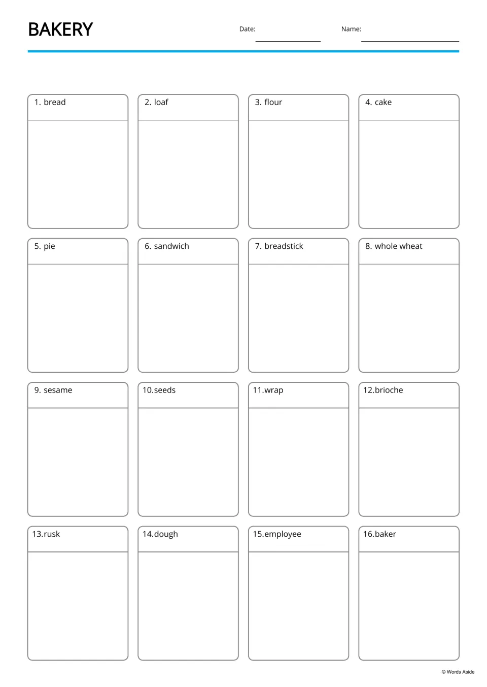 Bakery vocabulary picture page: students draw or glue a picture under each of 16 words, from bread and loaf to baker