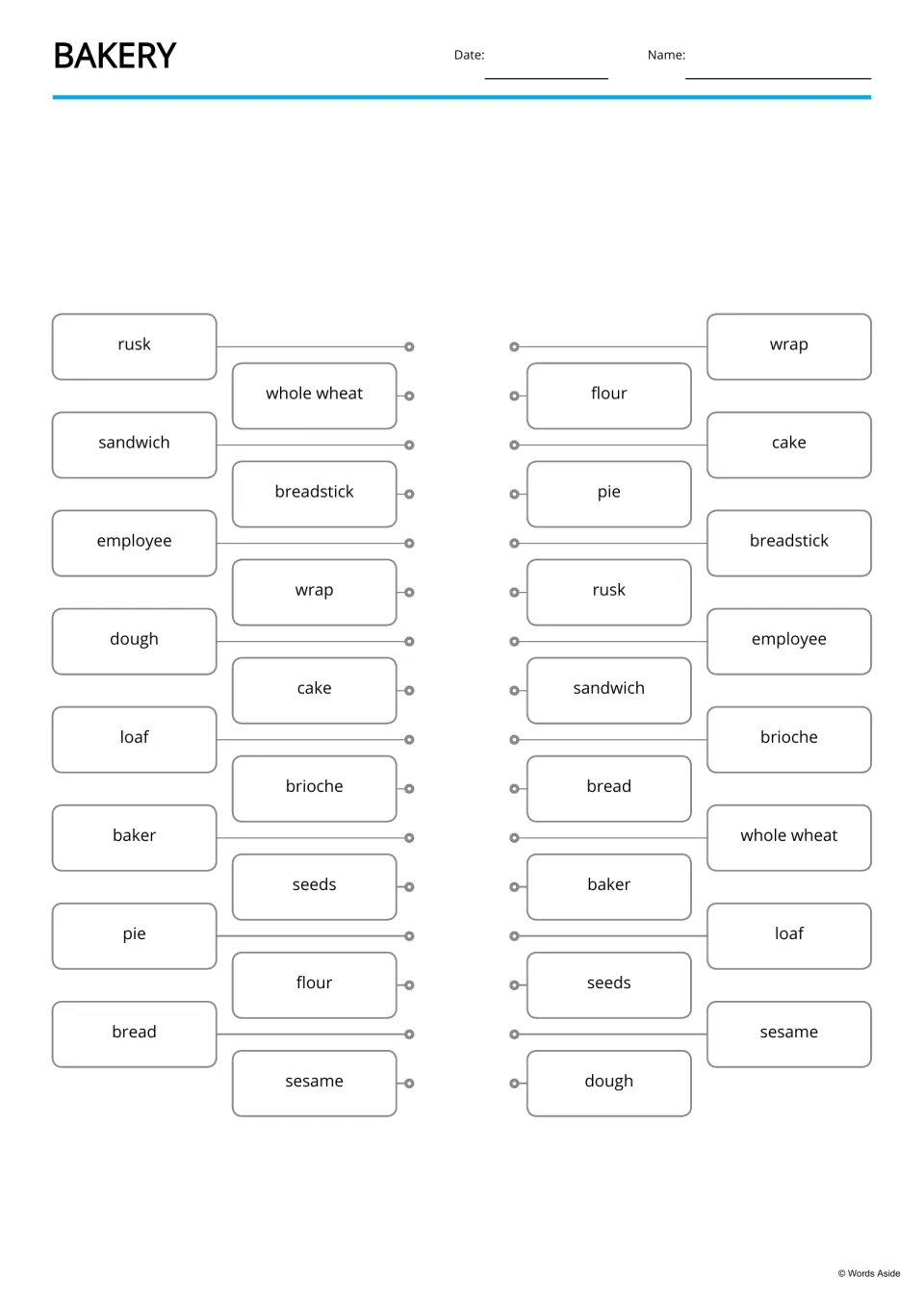Bakery word matching: students connect identical words such as rusk, wrap, cake and seeds listed in two scrambled sets