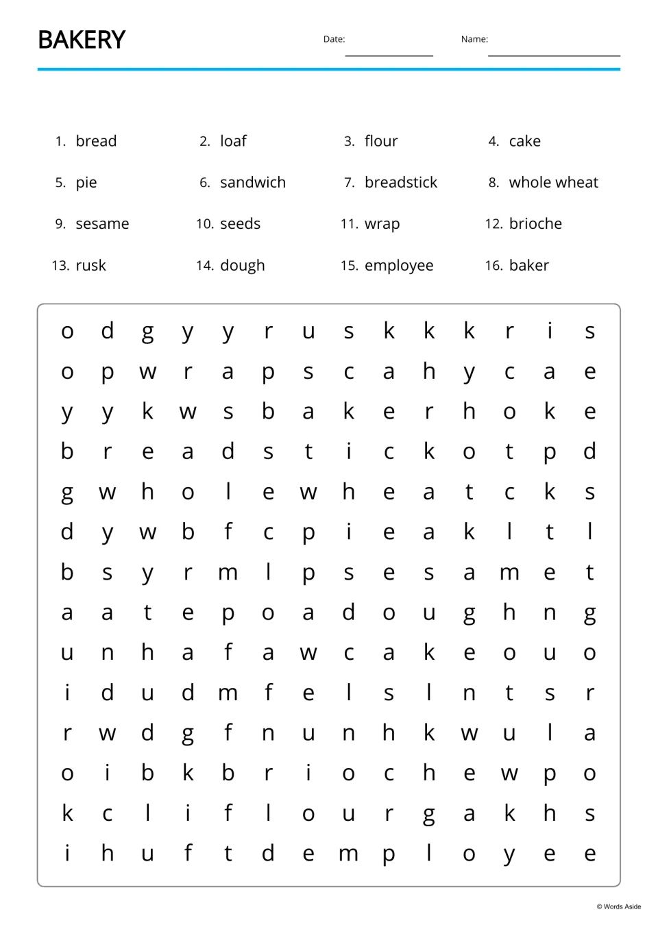 Bakery word search: students find 16 listed words, from bread and loaf to employee and baker, hidden in a letter puzzle