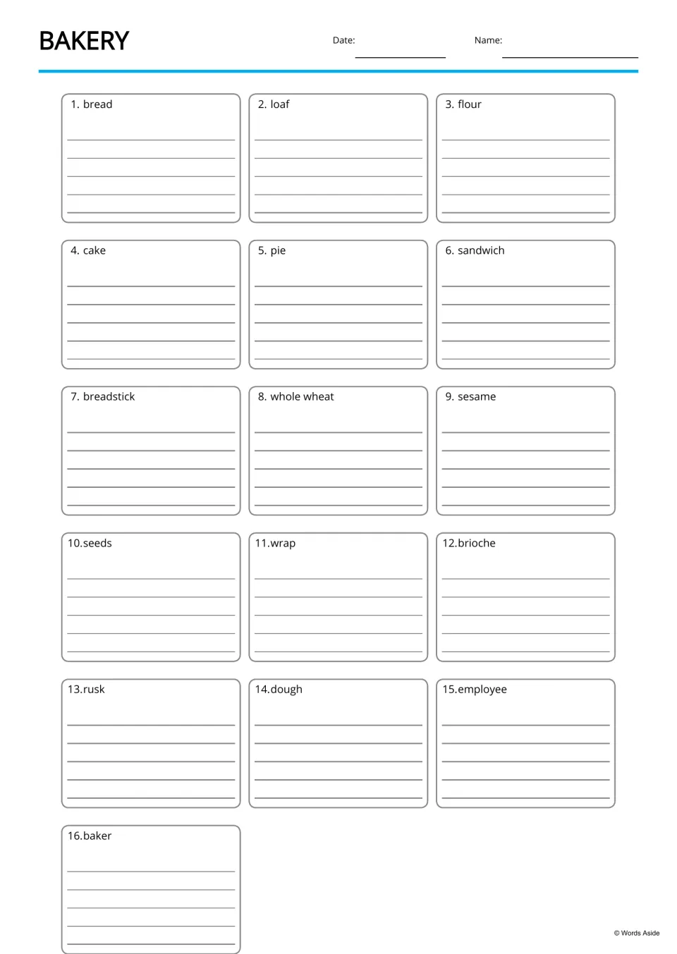 Bakery writing page: students write a sentence or copy each of 16 words, from bread and sandwich to dough and baker