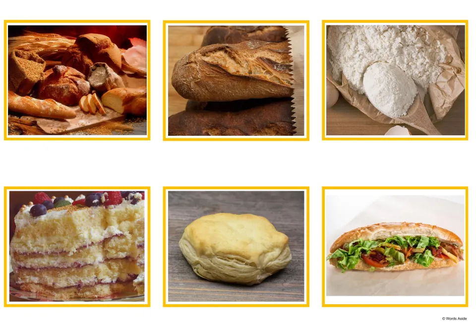Bakery photo cards: assorted breads, a crusty loaf, flour on a spoon, a layered berry cake, a pastry and a sandwich