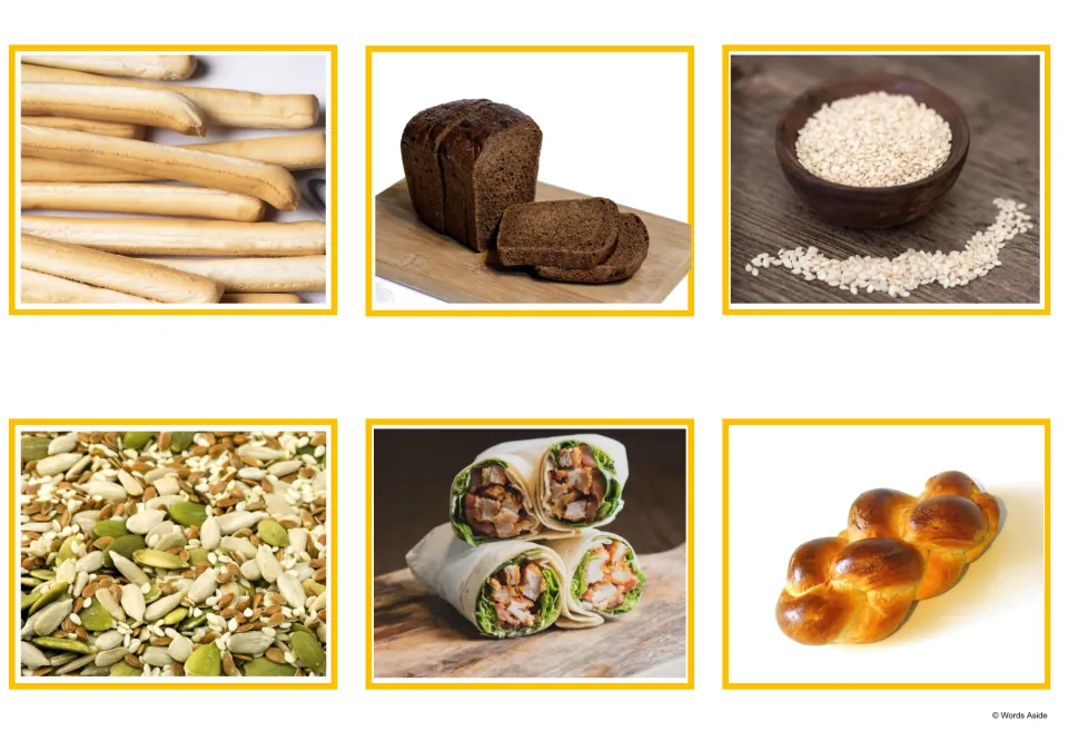 Bakery photo cards: breadsticks, sliced whole wheat bread, a bowl of sesame, mixed seeds, wraps and a braided brioche